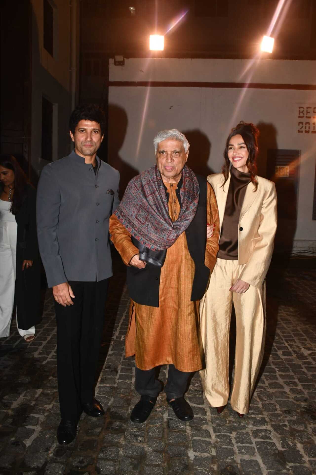 Farhan Akhtar, Javed Akhtar and Shibani Dandekar at the album launch of Farhan's upcoming film 120 Bahadur